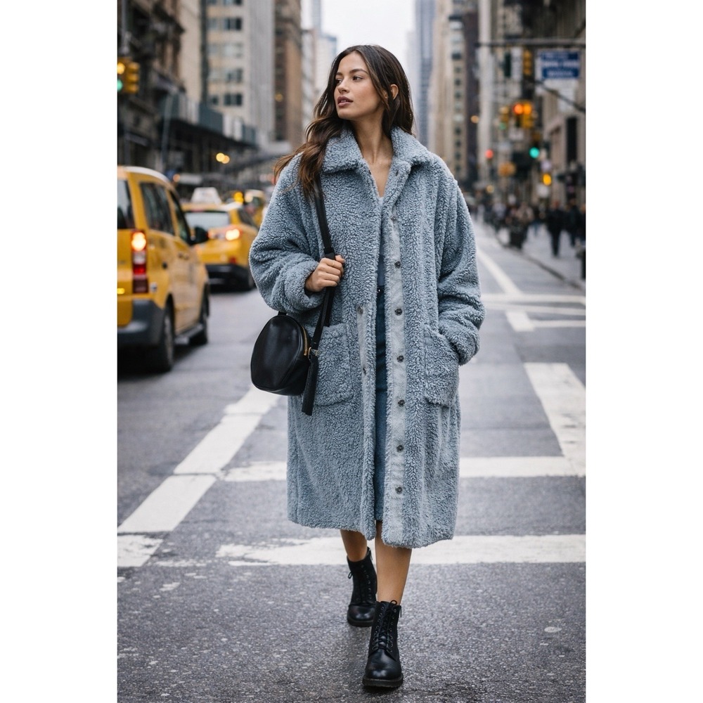 Free People Tessa Teddy Coat Blue Sherpa Oversized Jacket Size S